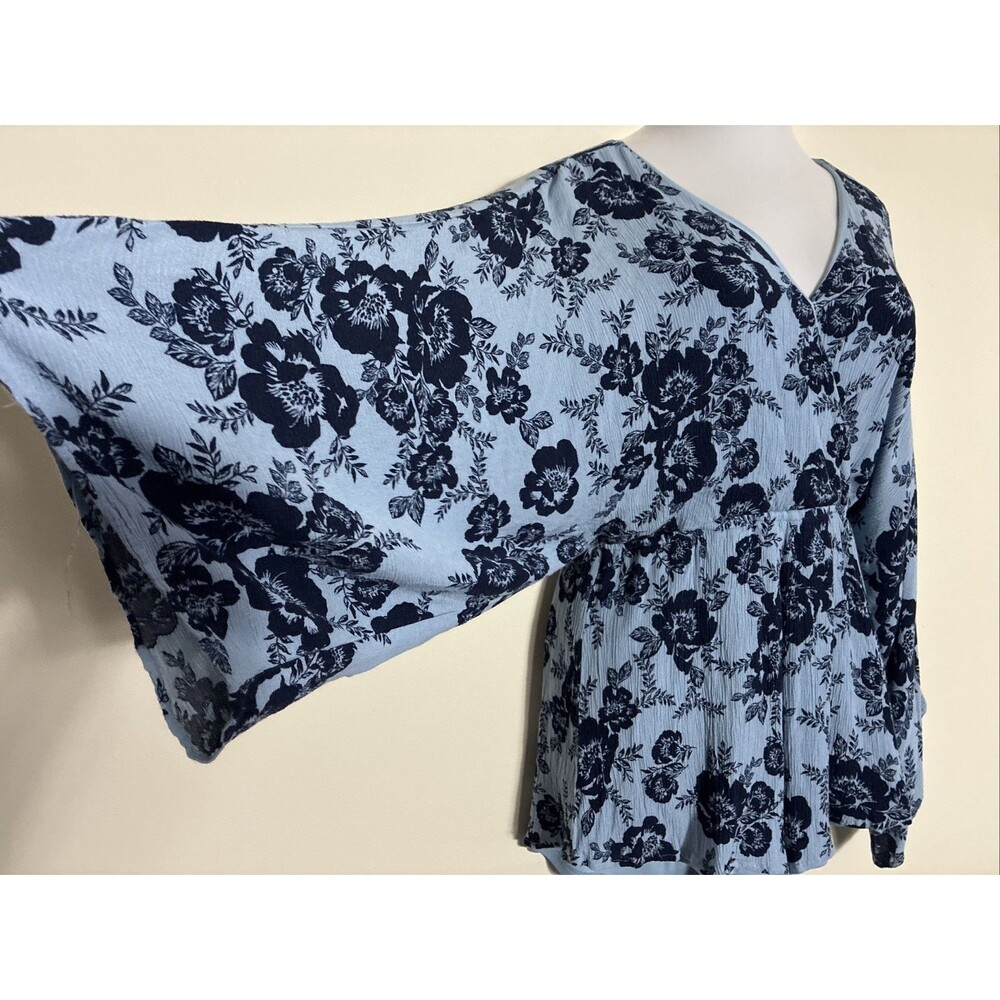 Womens Large Boho Romper Blue Floral Deep V-neck Dolman Sleeve Keyhole Button - Picture 4 of 16